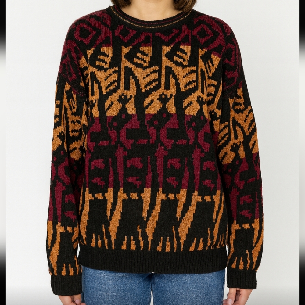 Vintage 80s Retro Knit Sweater | Oversized Bold Pattern | M/L Unisex